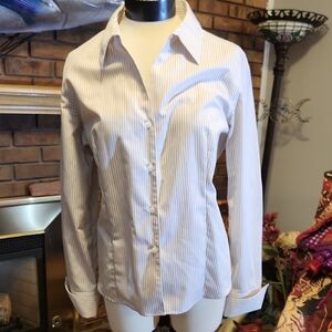 Calvin Klein Women's White and Tan Beige Striped Button-Down Shirt No Iron Sz 14